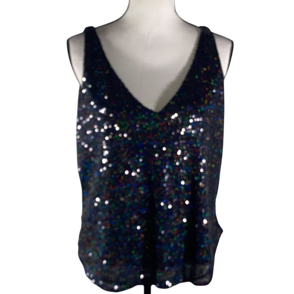 LOFT Sequin Sparkle Tank Top Sleeveless Blouse Black Multicolor glam fun party S